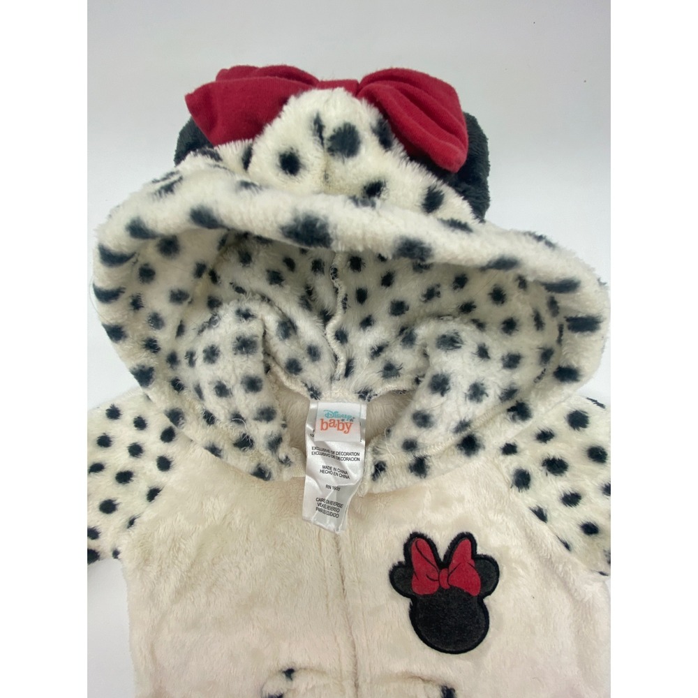 Disney Baby Minnie Mouse Faux Fur Hooded Jumpsuit Polka Dot 3-6M Cream Black - Picture 8 of 10